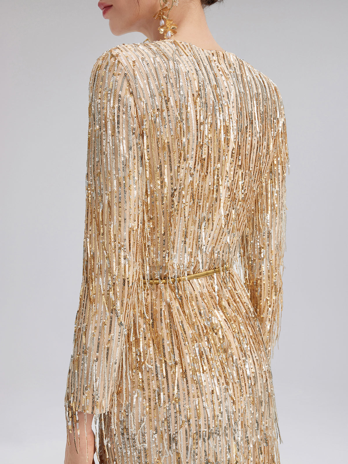 Gradient Sequin Fringe Long-Sleeve Dress