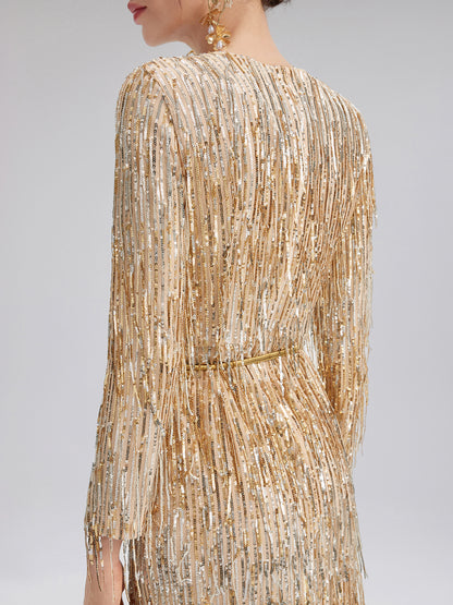 Gradient Sequin Fringe Long-Sleeve Dress