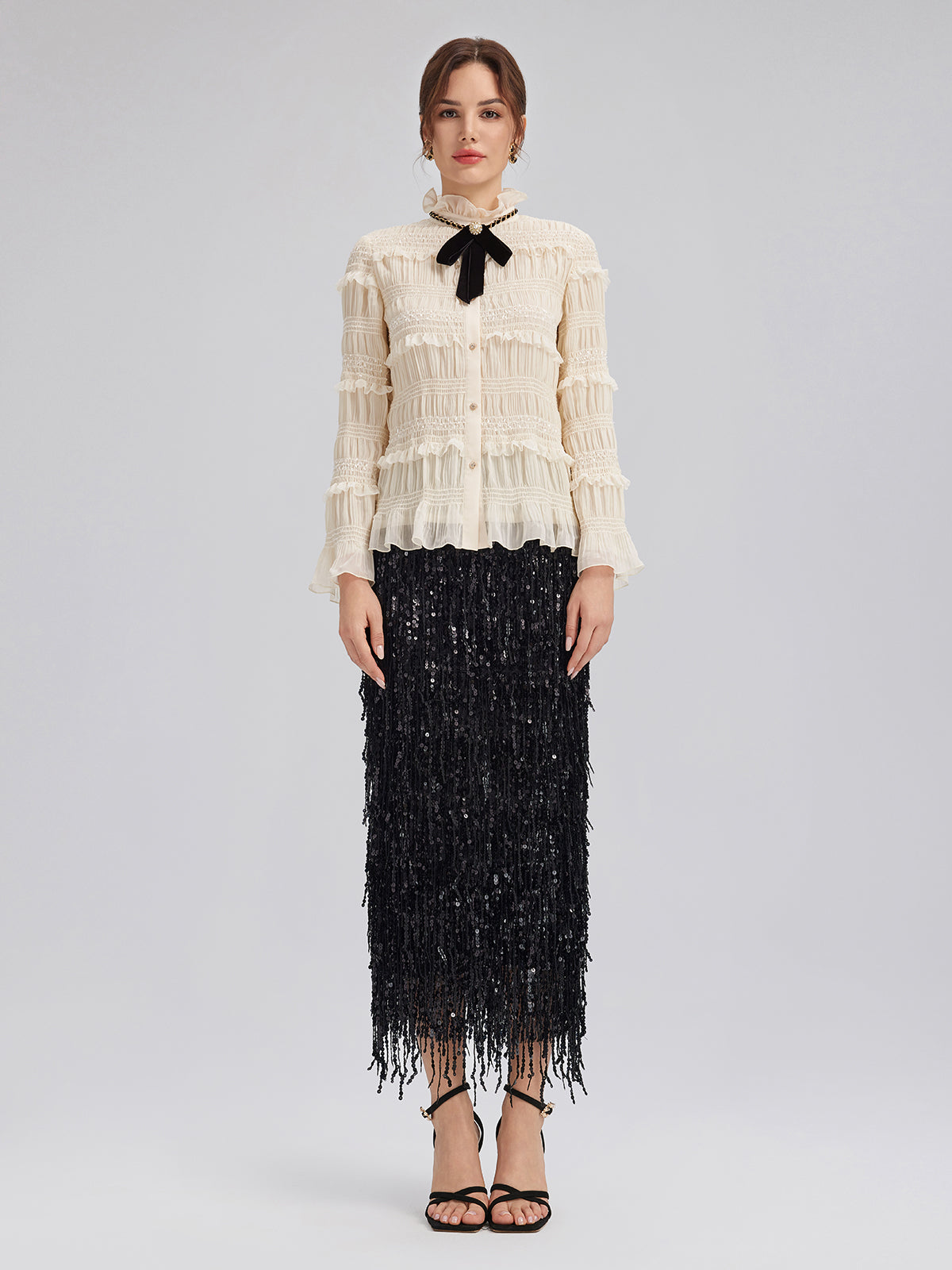 Textured Pleated Ruffle Blouse (Detachable Ribbon Tie Included)