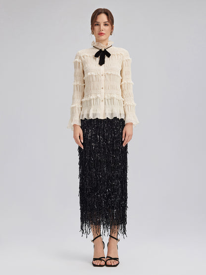 Textured Pleated Ruffle Blouse (Detachable Ribbon Tie Included)