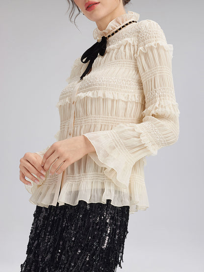 Textured Pleated Ruffle Blouse (Detachable Ribbon Tie Included)