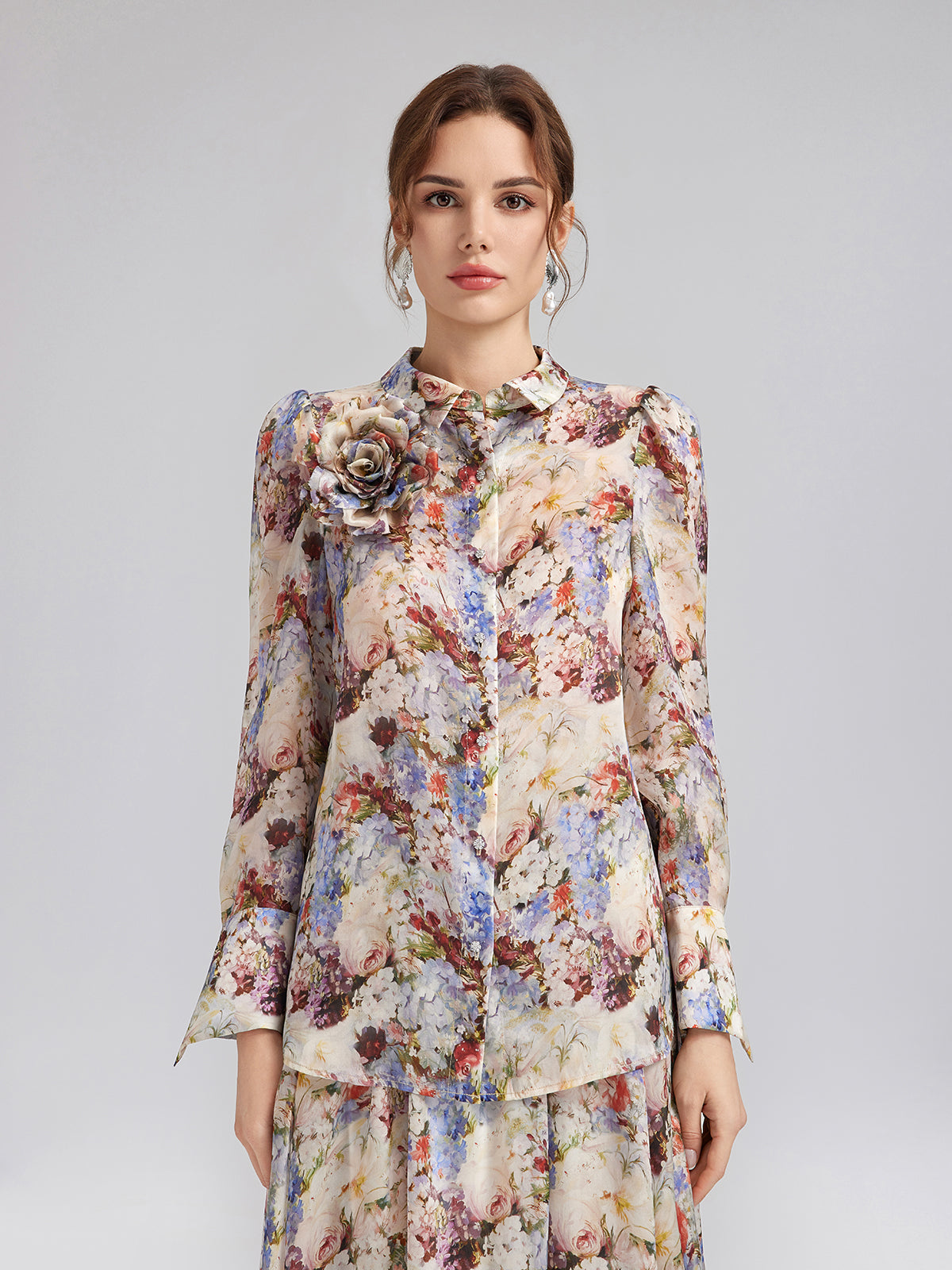 Silk Organza Baroque Print Shirt (Detachable Flower Included)