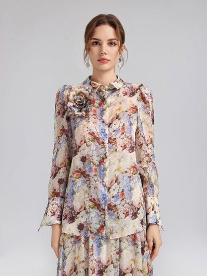 Silk Organza Baroque Print Shirt (Detachable Flower Included)