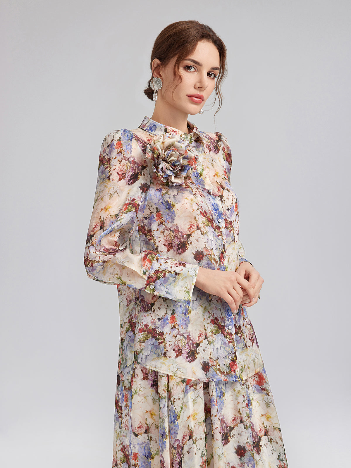 Silk Organza Baroque Print Shirt (Detachable Flower Included)