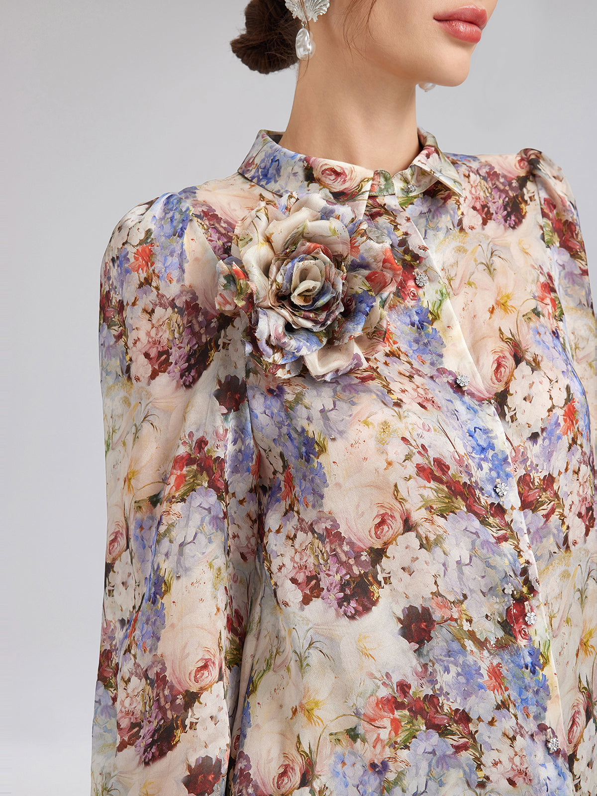 Silk Organza Baroque Print Shirt (Detachable Flower Included)