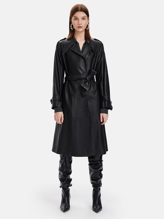 French Leather Raglan Trench Coat