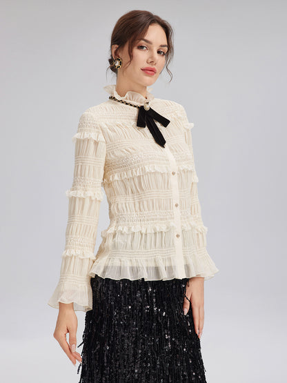 Textured Pleated Ruffle Blouse (Detachable Ribbon Tie Included)