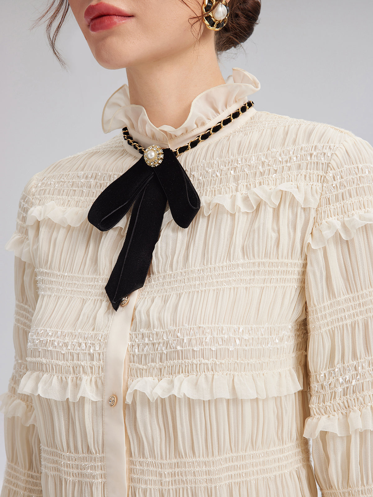 Textured Pleated Ruffle Blouse (Detachable Ribbon Tie Included)