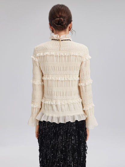 Textured Pleated Ruffle Blouse (Detachable Ribbon Tie Included)