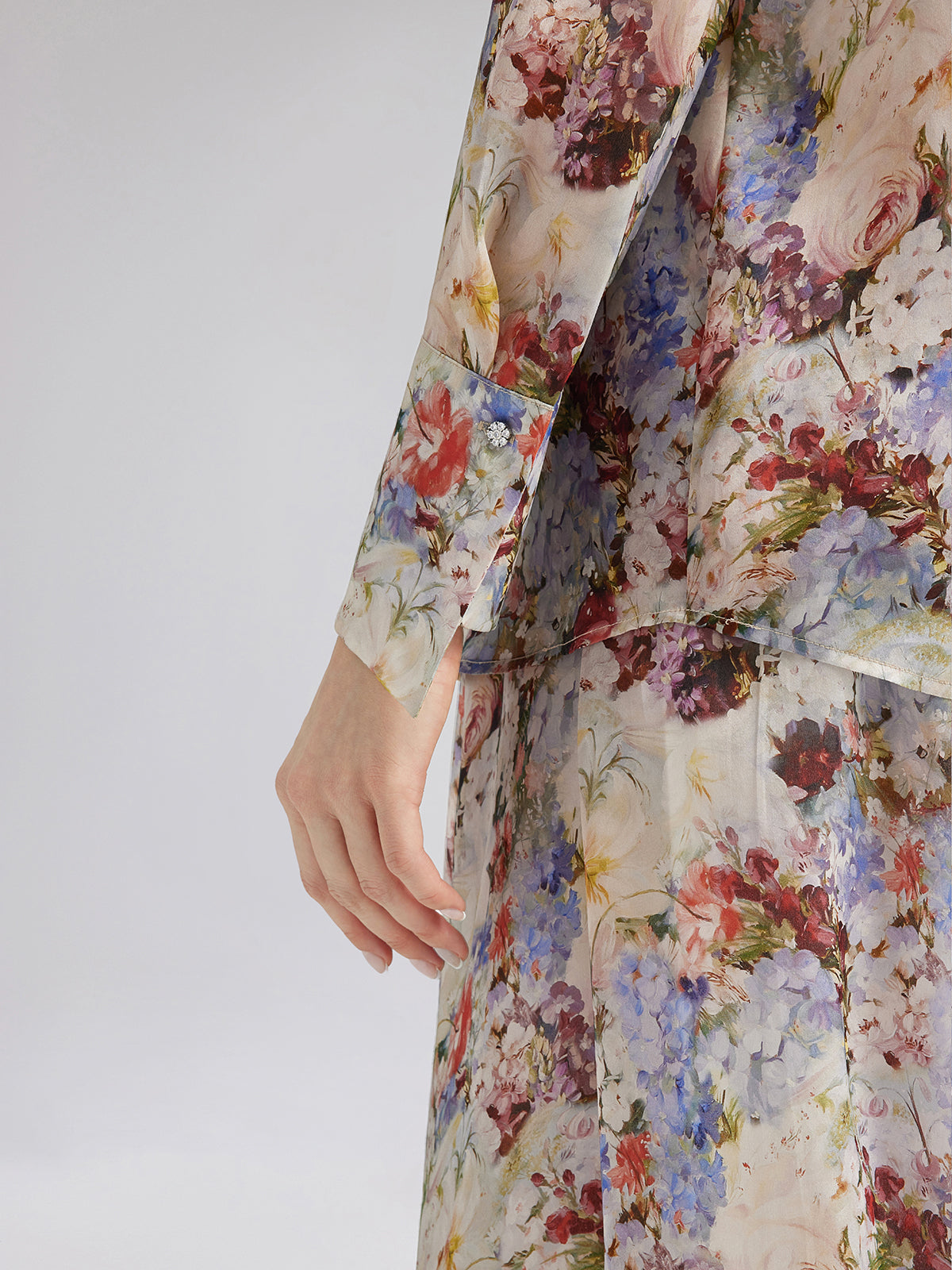Silk Organza Baroque Print Shirt (Detachable Flower Included)