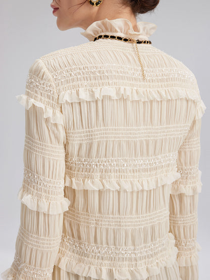 Textured Pleated Ruffle Blouse (Detachable Ribbon Tie Included)