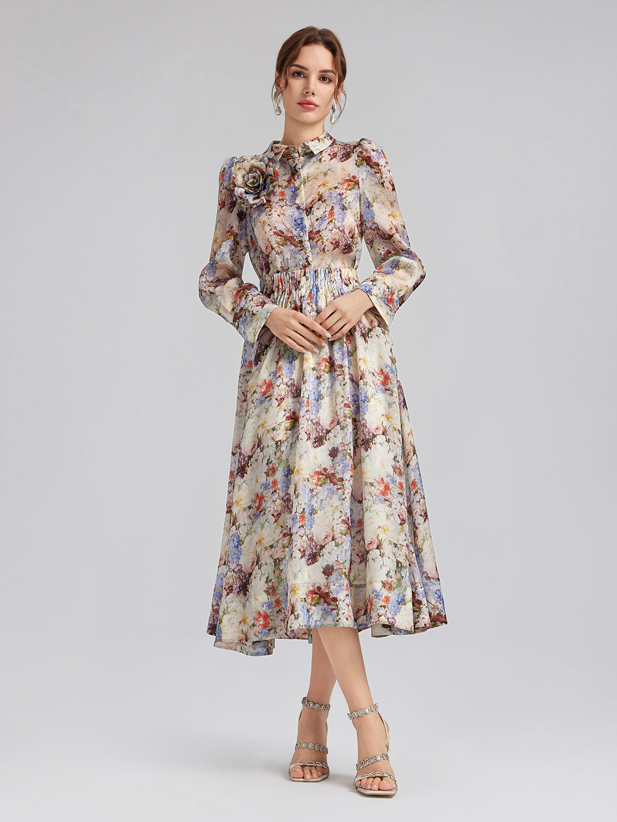 Silk Organza Baroque Print Shirt (Detachable Flower Included)