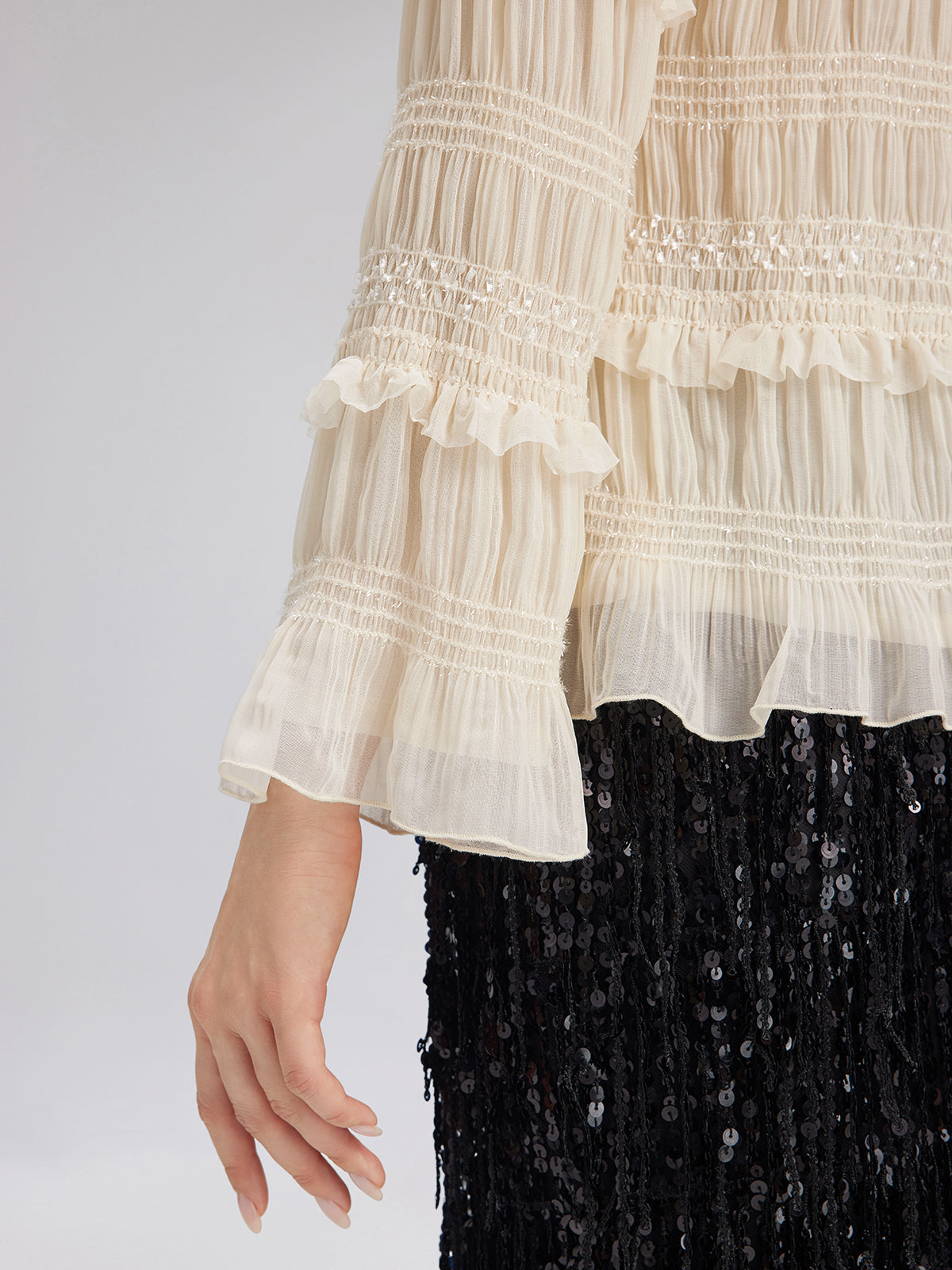 Textured Pleated Ruffle Blouse (Detachable Ribbon Tie Included)