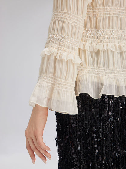 Textured Pleated Ruffle Blouse (Detachable Ribbon Tie Included)