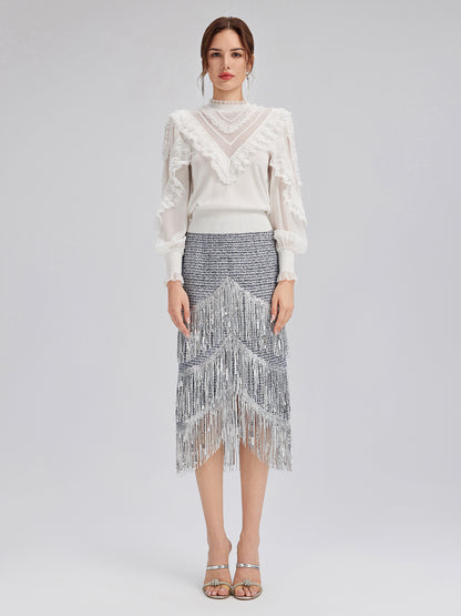 Silk-Sleeved Lace-Pearl Paneled Knit Blouse