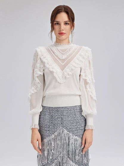 Silk-Sleeved Lace-Pearl Paneled Knit Blouse