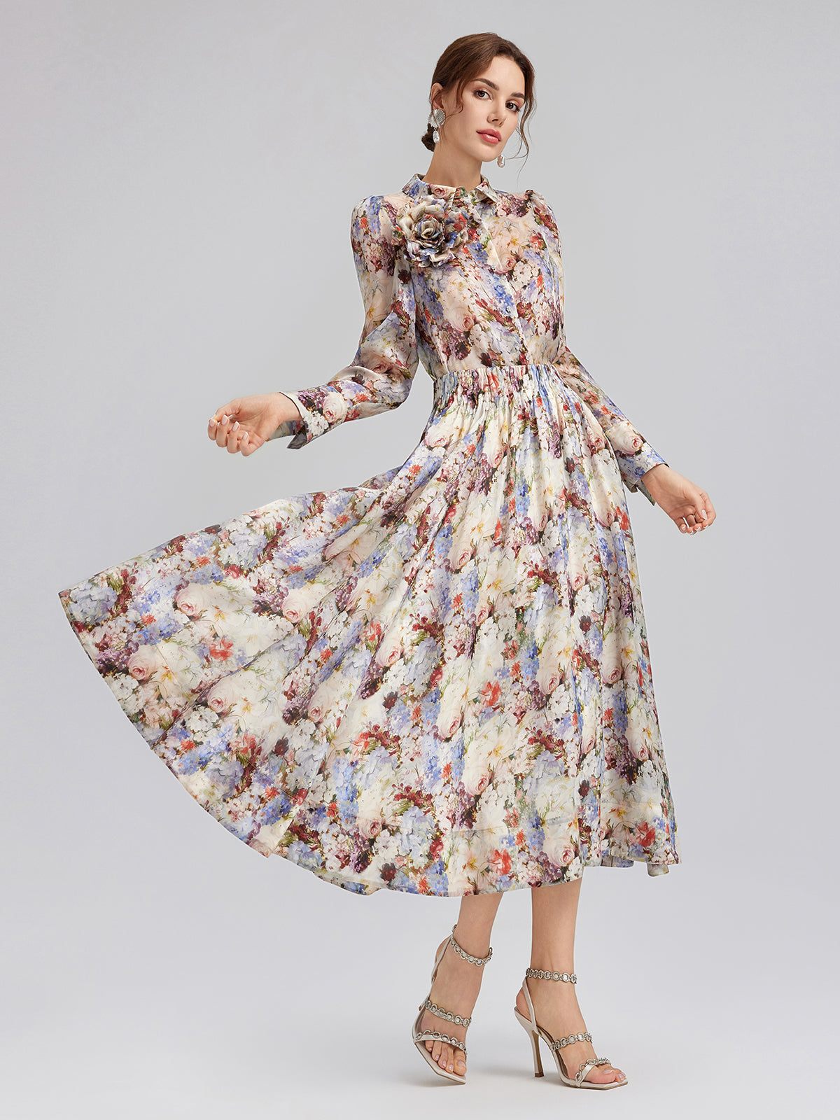 Silk Organza Baroque Print Shirt (Detachable Flower Included)