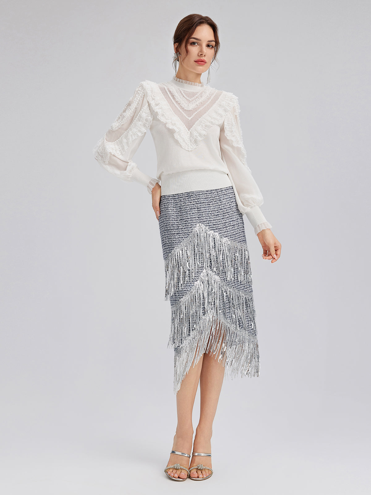 French Sequin Fringe Tweed Skirt