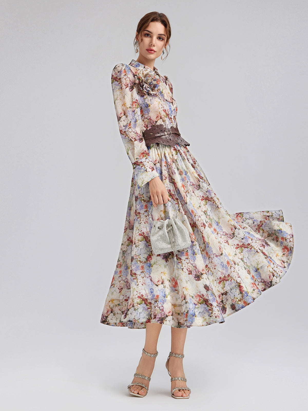 Final Sale | Silk Organza Baroque Print Shirt (Detachable Flower Included)