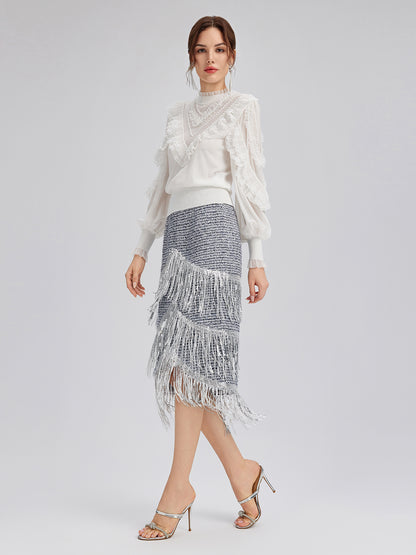 Silk-Sleeved Lace-Pearl Paneled Knit Blouse