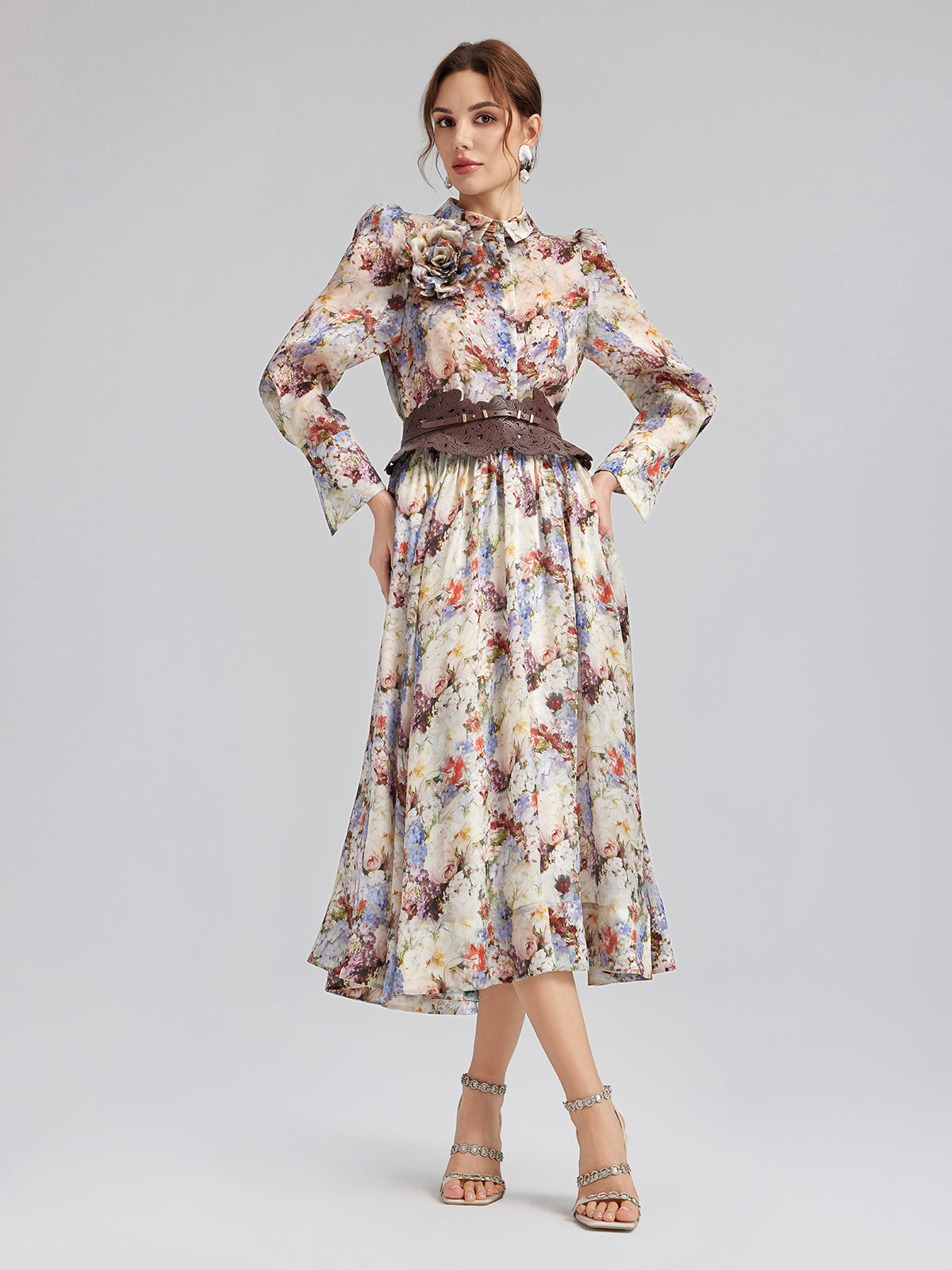 Silk Organza Baroque Print Shirt (Detachable Flower Included)