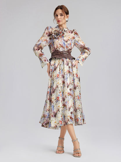 Silk Organza Baroque Print Shirt (Detachable Flower Included)