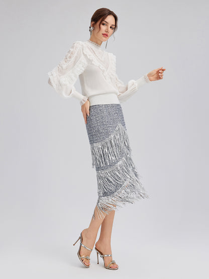 Silk-Sleeved Lace-Pearl Paneled Knit Blouse