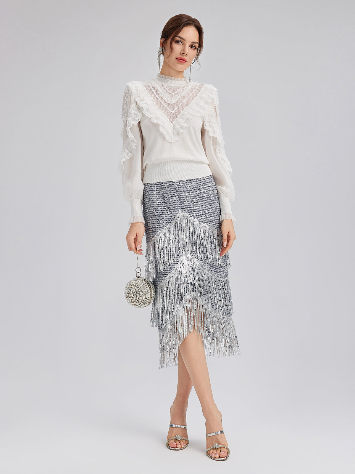Silk-Sleeved Lace-Pearl Paneled Knit Blouse