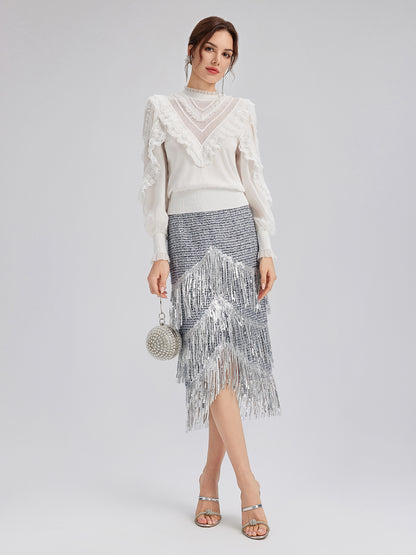 Silk-Sleeved Lace-Pearl Paneled Knit Blouse