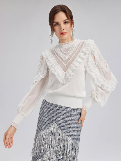 Silk-Sleeved Lace-Pearl Paneled Knit Blouse