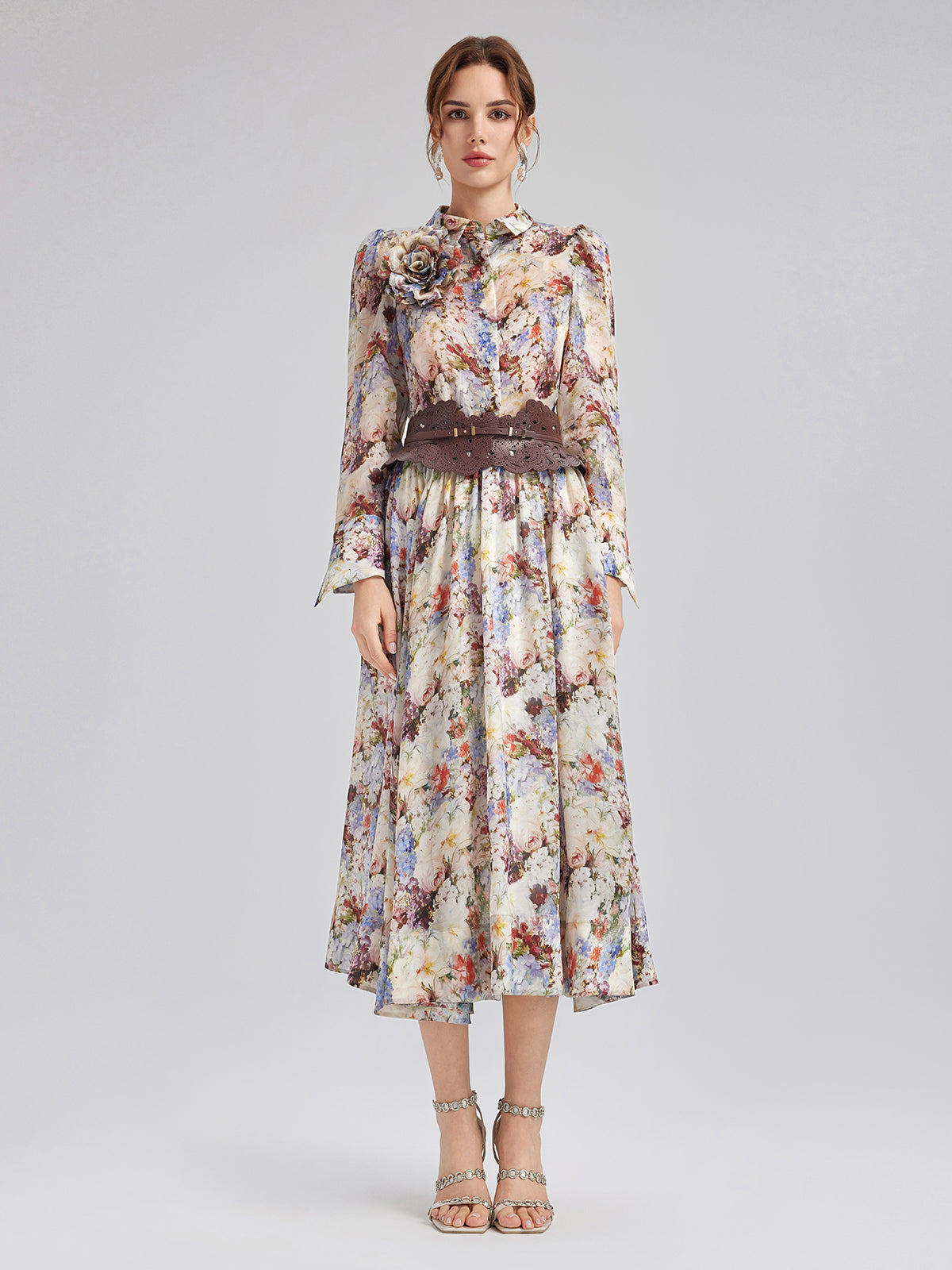 Silk Organza Baroque Print Shirt (Detachable Flower Included)