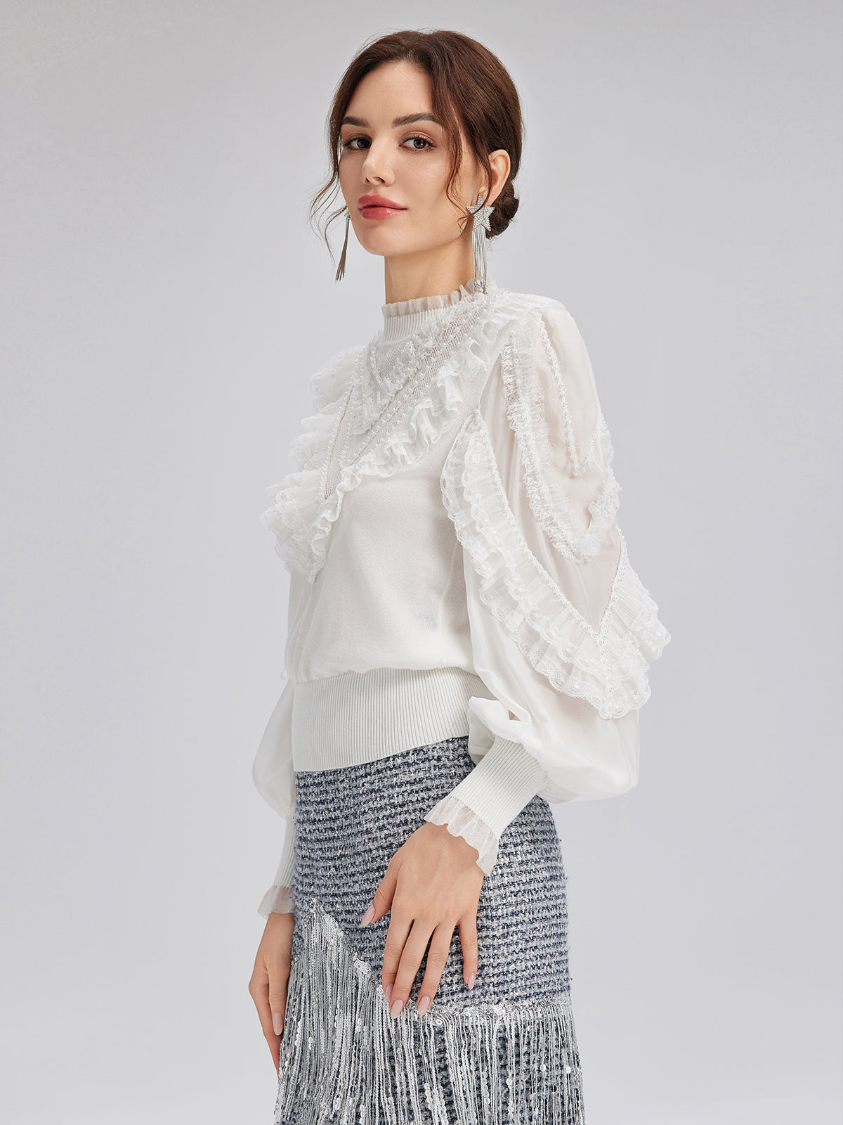Silk-Sleeved Lace-Pearl Paneled Knit Blouse