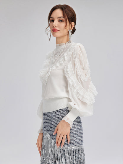 Silk-Sleeved Lace-Pearl Paneled Knit Blouse