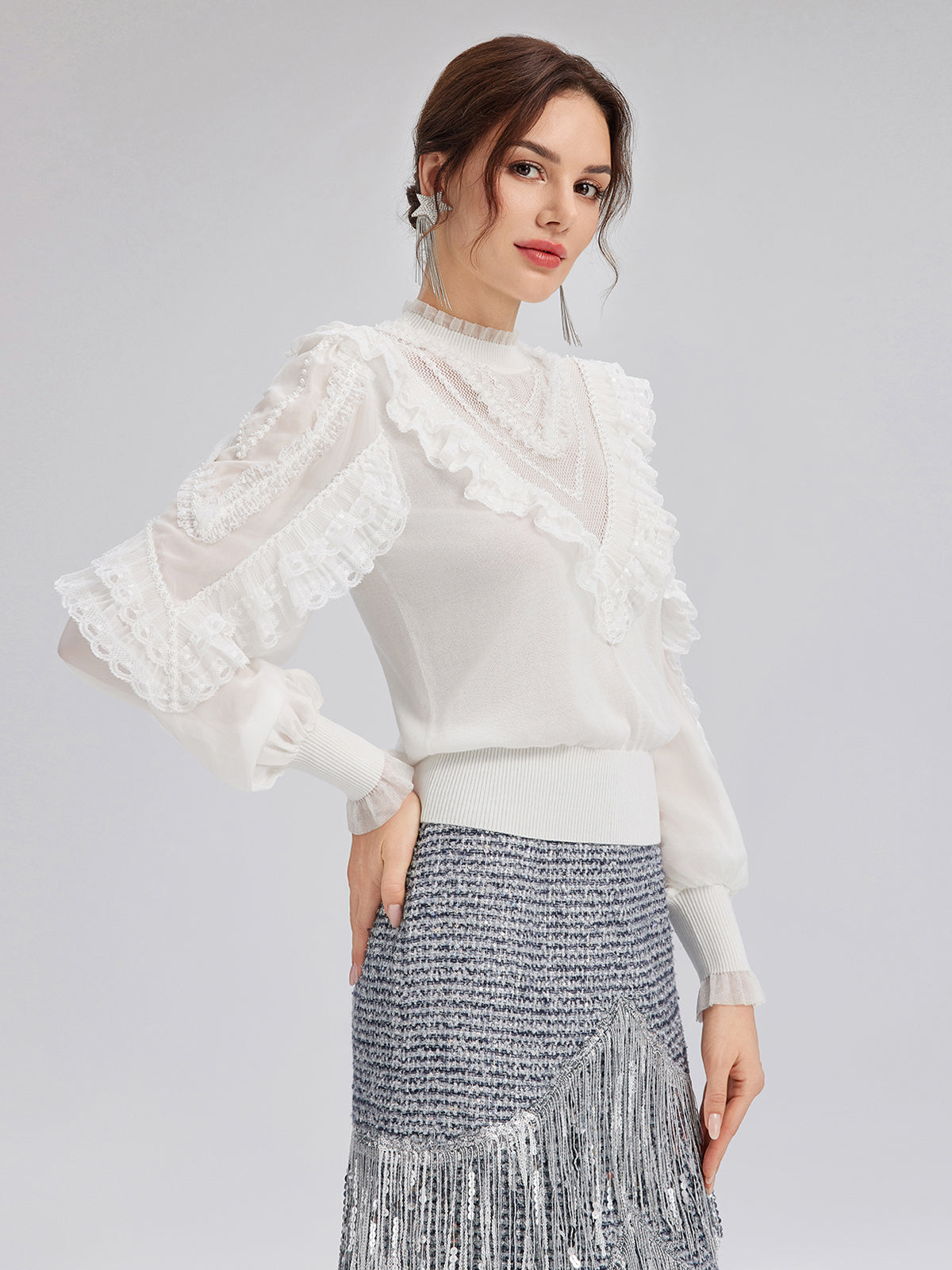 Silk-Sleeved Lace-Pearl Paneled Knit Blouse