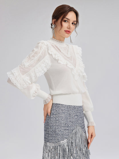 Silk-Sleeved Lace-Pearl Paneled Knit Blouse