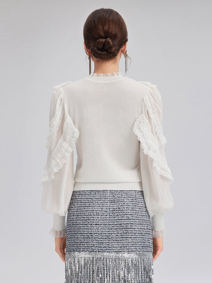 Silk-Sleeved Lace-Pearl Paneled Knit Blouse