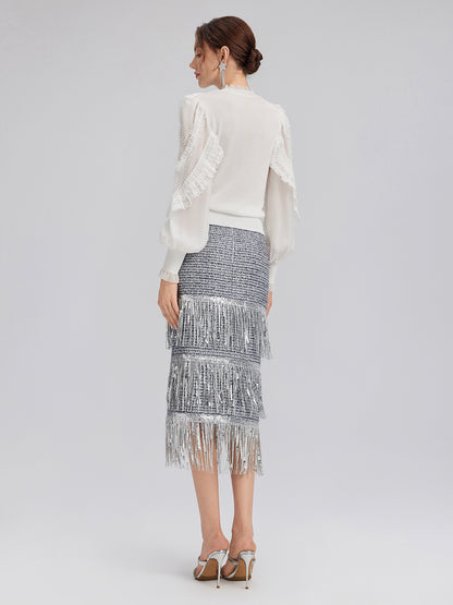 Silk-Sleeved Lace-Pearl Paneled Knit Blouse