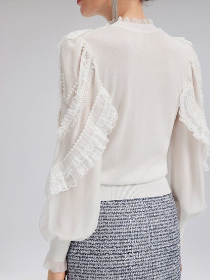 Silk-Sleeved Lace-Pearl Paneled Knit Blouse