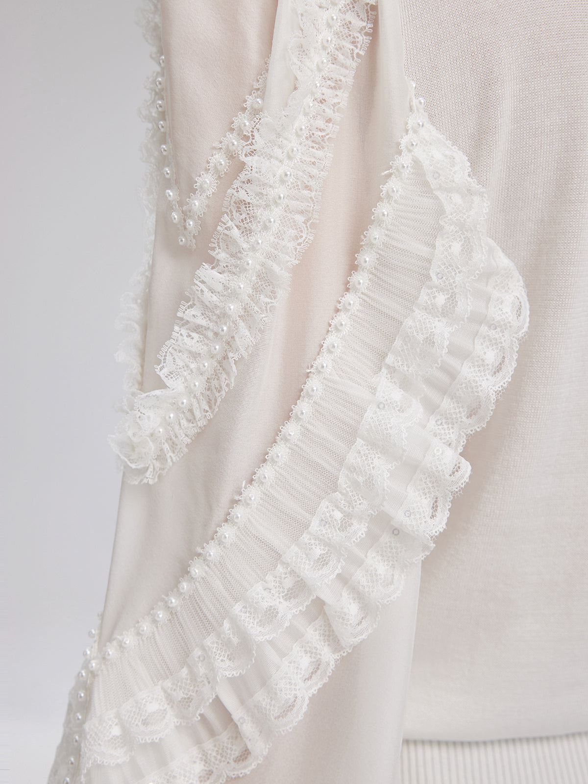 Silk-Sleeved Lace-Pearl Paneled Knit Blouse