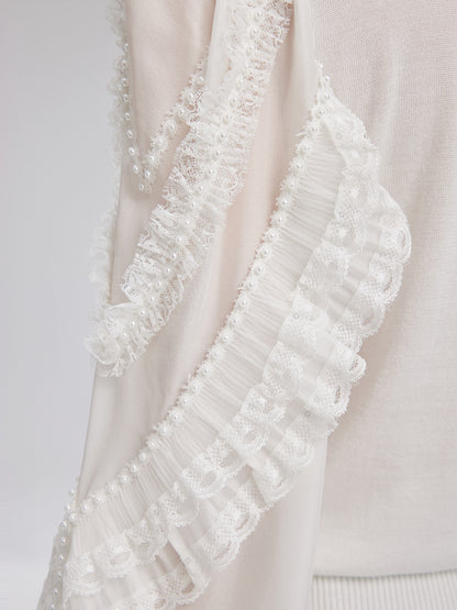Silk-Sleeved Lace-Pearl Paneled Knit Blouse