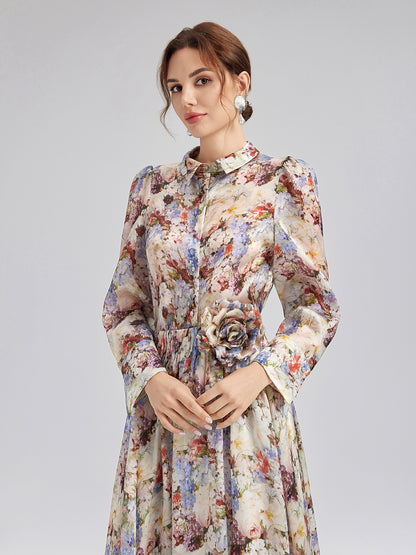 Silk Organza Baroque Print Shirt (Detachable Flower Included)