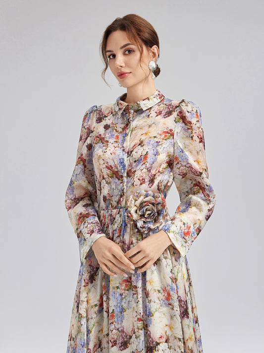 Silk Organza Baroque Print Shirt (Detachable Flower Included)