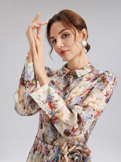 Silk Organza Baroque Print Shirt (Detachable Flower Included)
