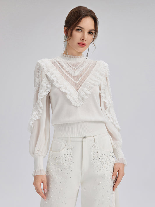Silk-Sleeved Lace-Pearl Paneled Knit Blouse
