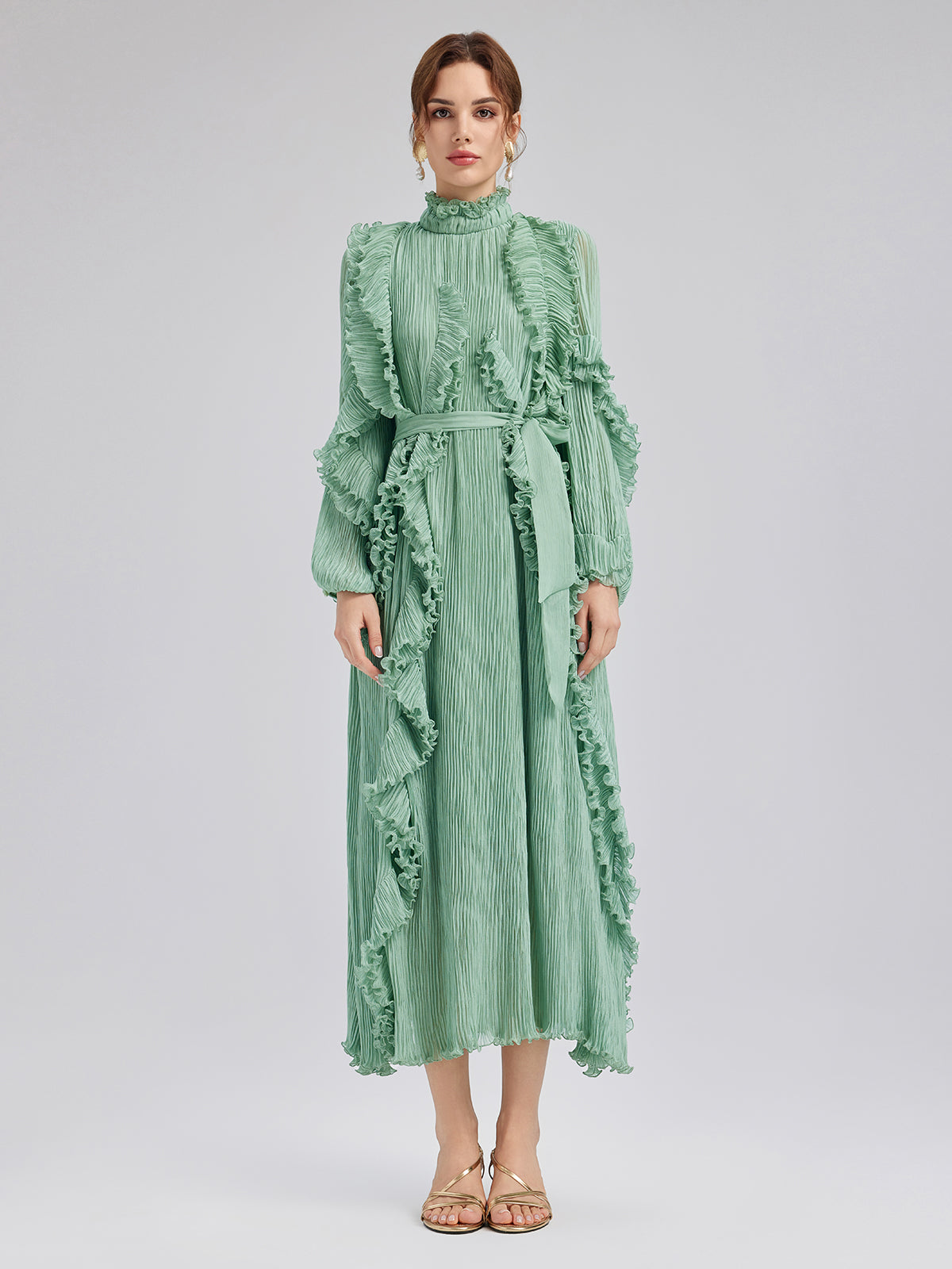 High-Neck Pleated Ruffle Dress