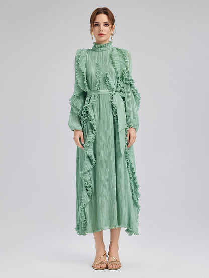 High-Neck Pleated Ruffle Dress