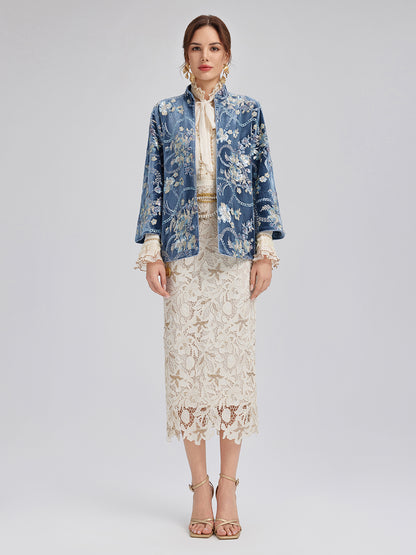 Floral Sequin Embroidered 3/4 Sleeve Velvet Jacket