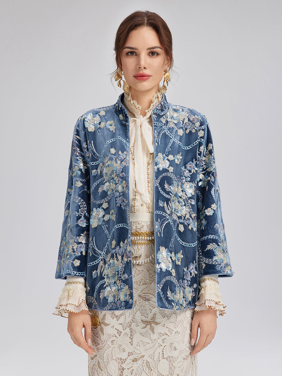 Floral Sequin Embroidered 3/4 Sleeve Velvet Jacket