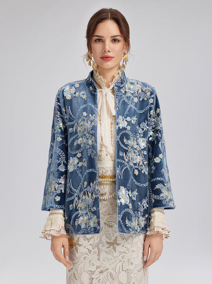 Floral Sequin Embroidered 3/4 Sleeve Velvet Jacket