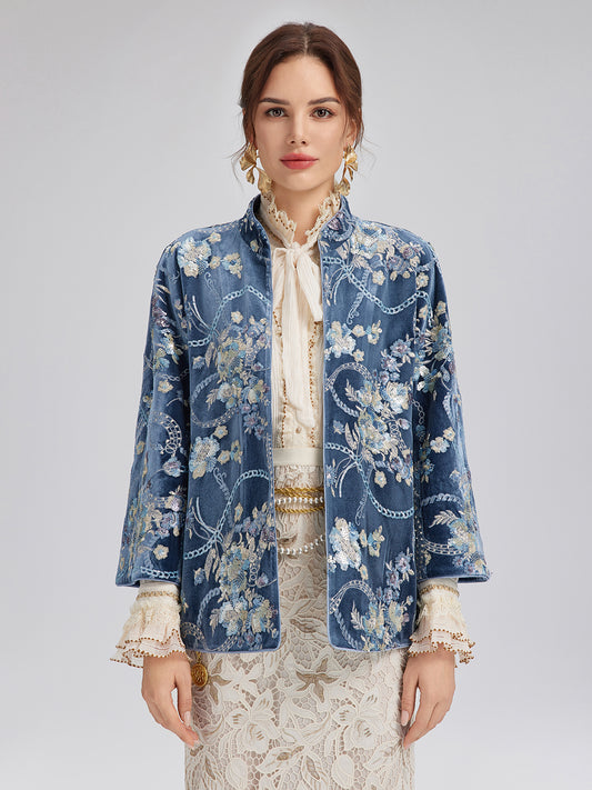 Floral Sequin Embroidered 3/4 Sleeve Velvet Jacket